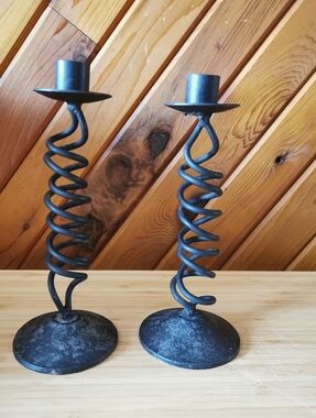 Vintage Brutalist Style Wrought Iron Spiral Candle Holders